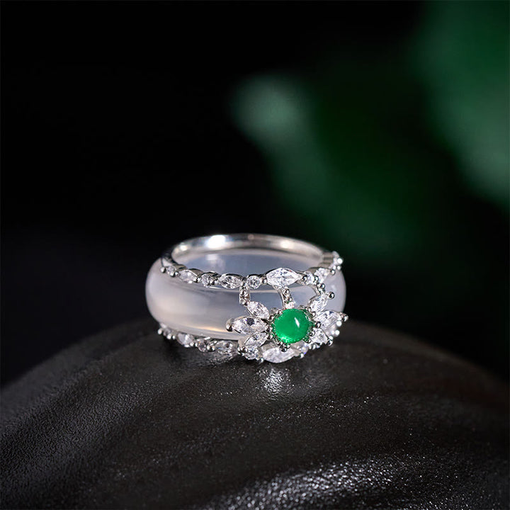 Buddha Stones Chalcedony Flower Green Zircon Positive Ring - image 8
