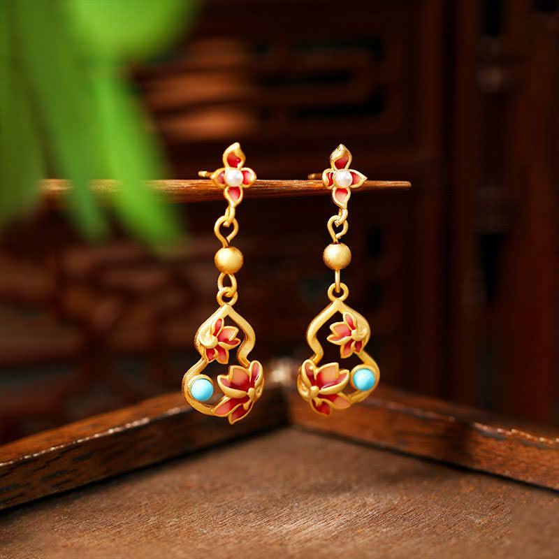 Buddha Stones Turquoise Cloisonné Lotus Gourd Accent Enlightenment Drop Earrings - Lotus(Enlightenment ♥ New Beginnings) - Copper(Harmonic Connection ♥ Grounding) - image 0