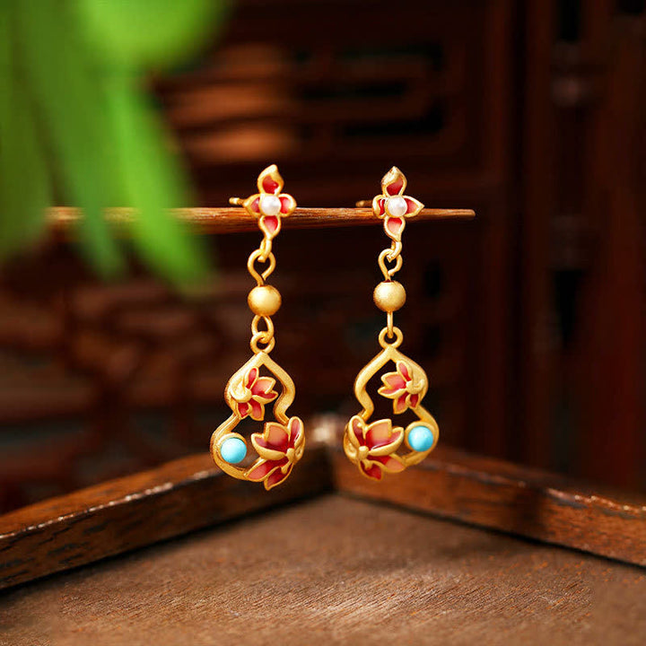 Buddha Stones Turquoise Cloisonné Lotus Gourd Accent Enlightenment Drop Earrings - Lotus(Enlightenment ♥ New Beginnings) - Copper(Harmonic Connection ♥ Grounding) - image 0