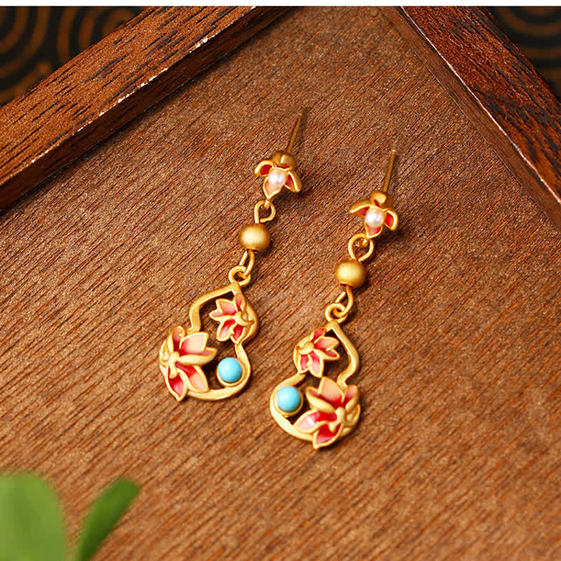 Buddha Stones Turquoise Cloisonné Lotus Gourd Accent Enlightenment Drop Earrings - image 1