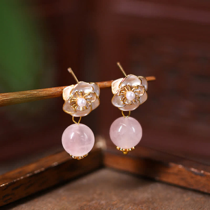 Buddha Stones Rose Quartz Camellia Loving Energy Drop Earrings - Camellia Rose Quartz Drop Stud - Rose Quartz(Love ♥ Self Love) - image 0