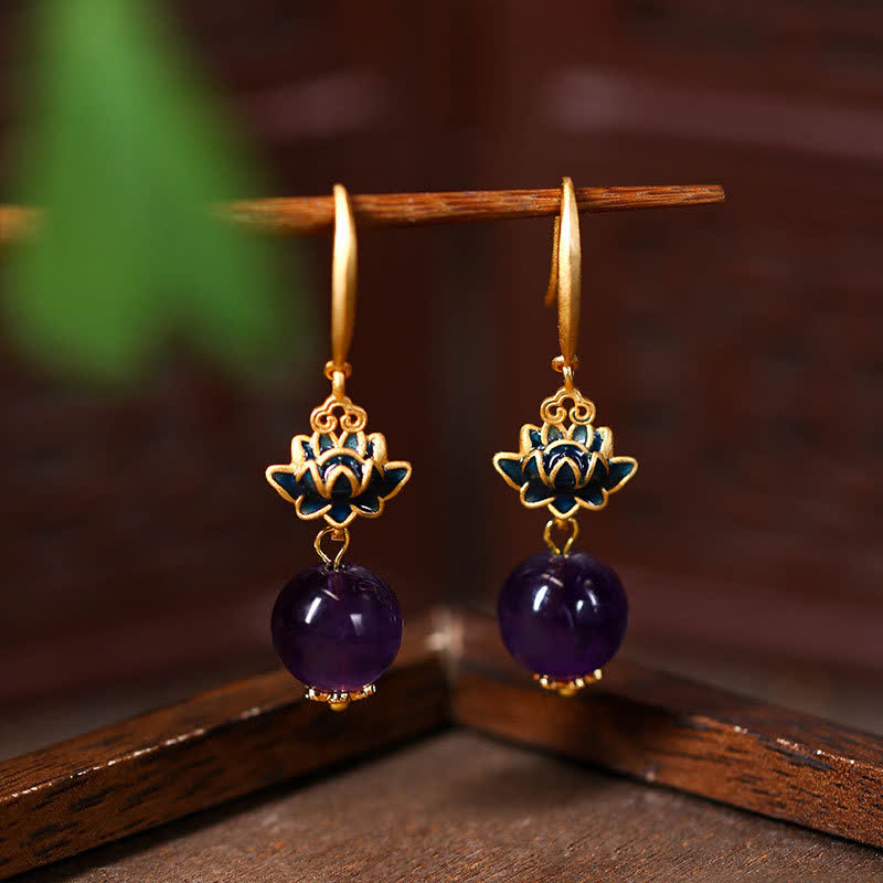 Buddha Stones Amethyst Lotus Enlightenment Drop Earrings - Lotus(Enlightenment ♥ New Beginnings) - Amethyst(Stress Relief ♥ Intuition) - image 0