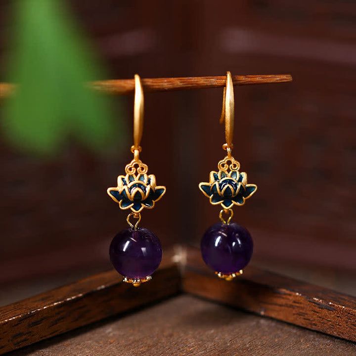 Buddha Stones Amethyst Lotus Enlightenment Drop Earrings - Lotus(Enlightenment ♥ New Beginnings) - Amethyst(Stress Relief ♥ Intuition) - image 0