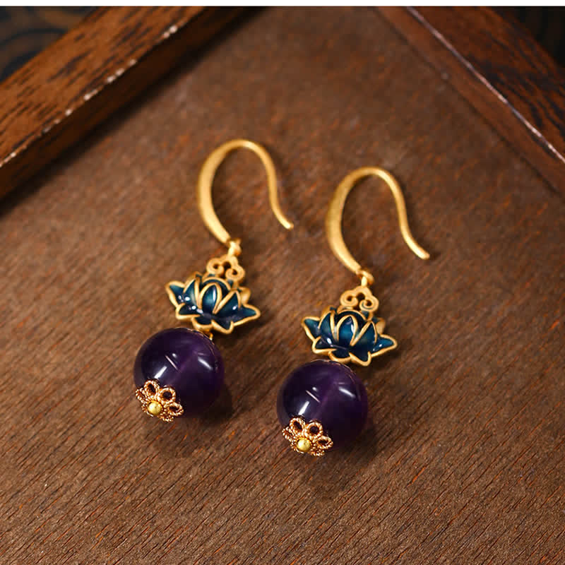 Buddha Stones Amethyst Lotus Enlightenment Drop Earrings - image 1