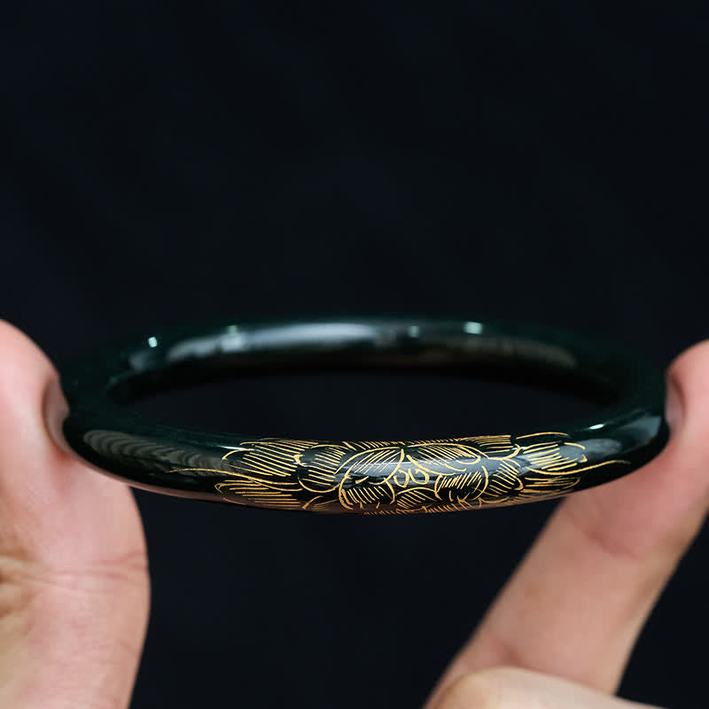 Buddha Stones Natural Cyan Jade Lotus Koi Fish Enlightenment Bangle Bracelet - image 7