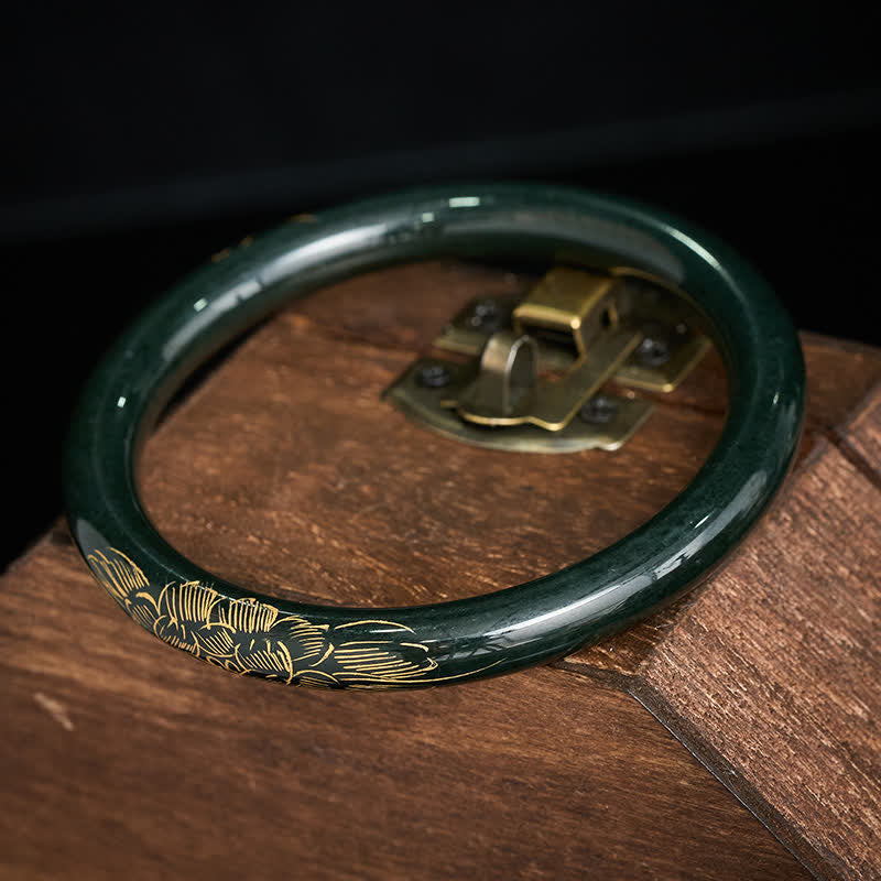 Buddha Stones Natural Cyan Jade Lotus Koi Fish Enlightenment Bangle Bracelet - image 2
