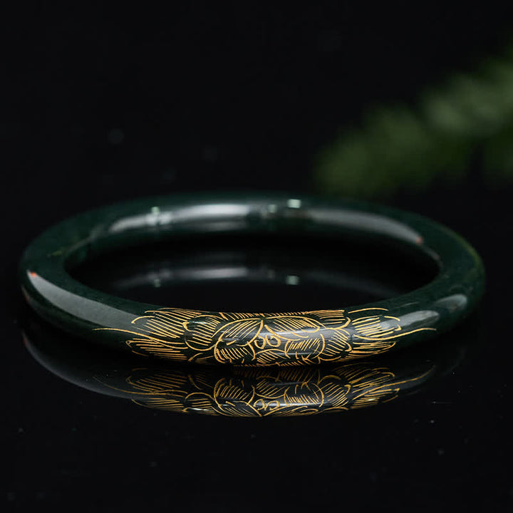 Buddha Stones Natural Cyan Jade Lotus Koi Fish Enlightenment Bangle Bracelet - image 1