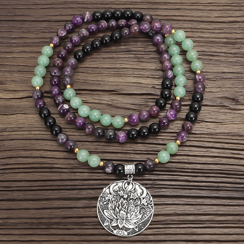 Buddha Stones 108 Mala Beads Amethyst Green Aventurine Lotus Meditation Bracelet - Necklace - image 0