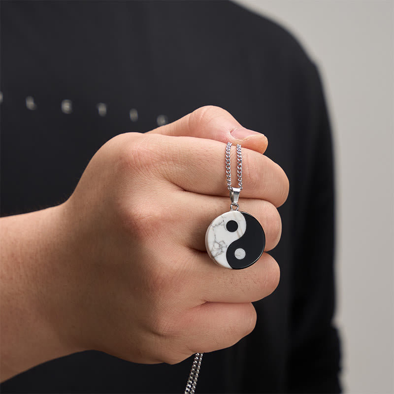 Buddha Stones Natural Black Obsidian White Turquoise Yin Yang Tai Chi Strength Necklace - image 4