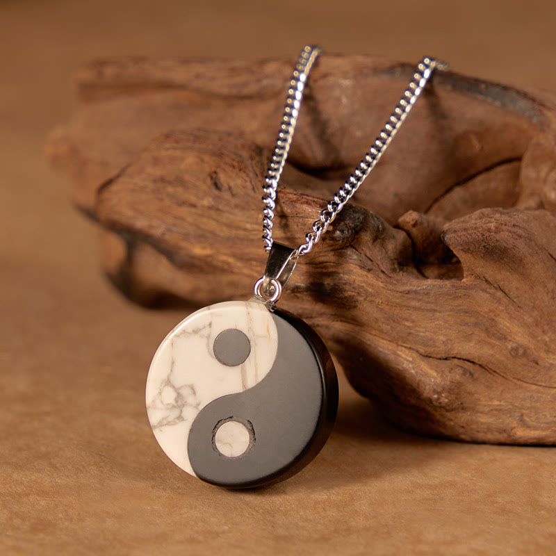 Buddha Stones Natural Black Obsidian White Turquoise Yin Yang Tai Chi Strength Necklace - image 1