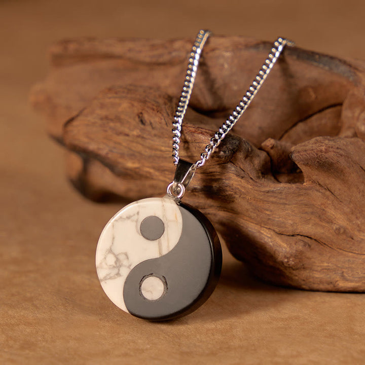 Buddha Stones Natural Black Obsidian White Turquoise Yin Yang Tai Chi Strength Necklace - image 1
