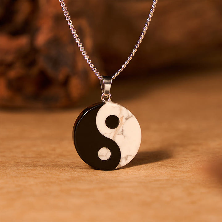Buddha Stones Natural Black Obsidian White Turquoise Yin Yang Tai Chi Strength Necklace - image 2
