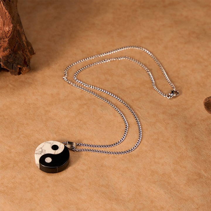 Buddha Stones Natural Black Obsidian White Turquoise Yin Yang Tai Chi Strength Necklace - image 3