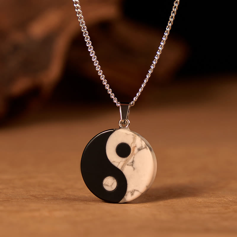 Buddha Stones Natural Black Obsidian White Turquoise Yin Yang Tai Chi Strength Necklace - Yin Yang - image 0