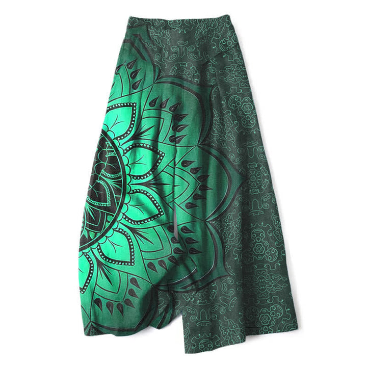 Buddha Stones Cotton Linen Mandala Pattern Women's Elastic Waist Wide Leg Pants With Pockets - image 0