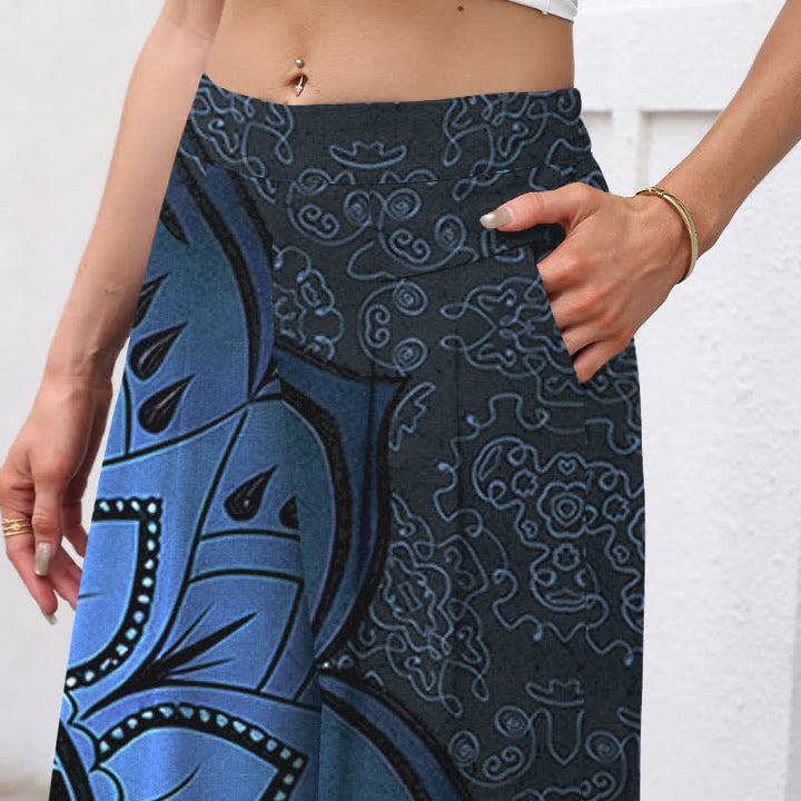 Buddha Stones Cotton Linen Mandala Pattern Women's Elastic Waist Wide Leg Pants With Pockets - image 7
