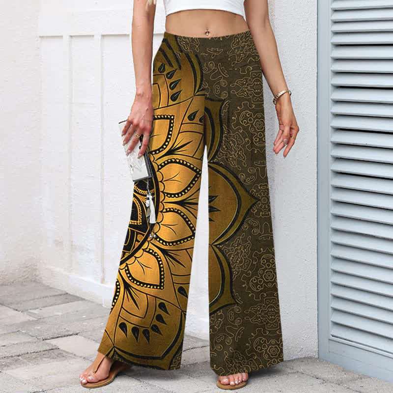 Buddha Stones Cotton Linen Mandala Pattern Women's Elastic Waist Wide Leg Pants With Pockets - image 11