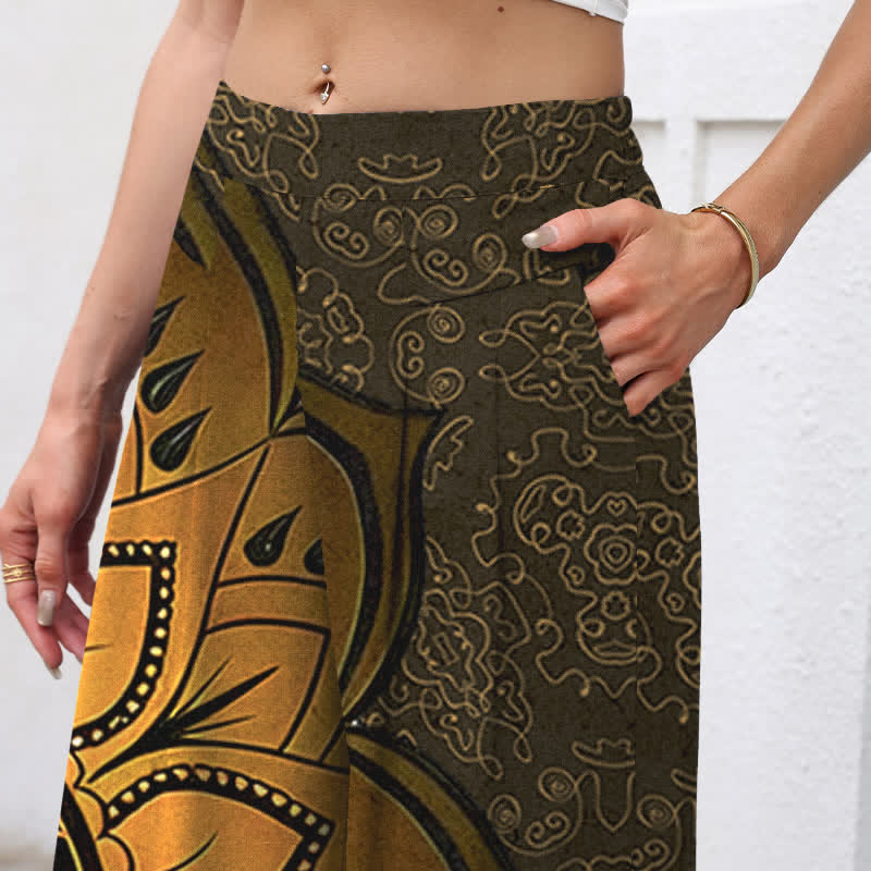 Buddha Stones Cotton Linen Mandala Pattern Women's Elastic Waist Wide Leg Pants With Pockets - image 12