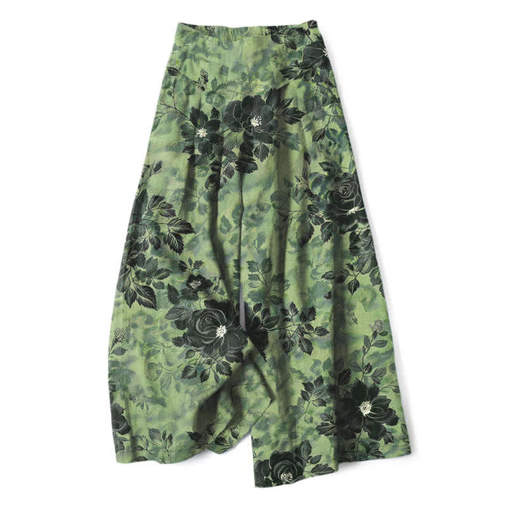 Buddha Stones Cotton Linen Floral Pattern Women's Elastic Waist Wide Leg Pants With Pockets - OliveDrab - US16，UK/AU20，EU48 (3XL) - image 0