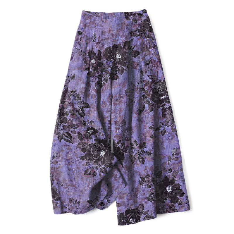 Buddha Stones Cotton Linen Floral Pattern Women's Elastic Waist Wide Leg Pants With Pockets - MediumPurple - US16，UK/AU20，EU48 (3XL) - image 4