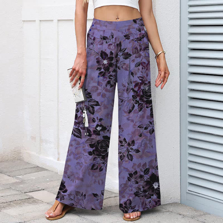 Buddha Stones Cotton Linen Floral Pattern Women's Elastic Waist Wide Leg Pants With Pockets - image 5