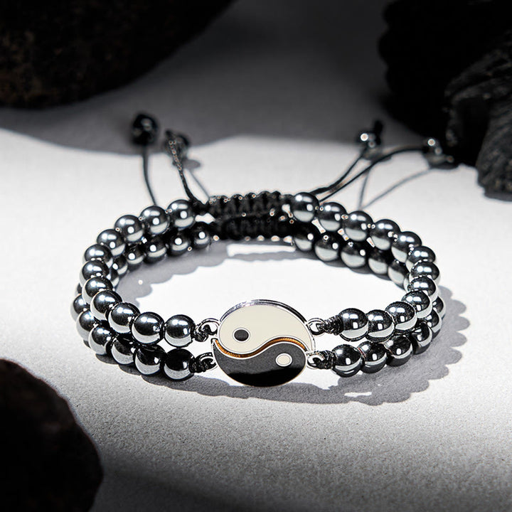 Buddha Stones Yin Yang Hematite Frosted Stone Lava Rock Support Bracelet - Hematite(Wrist Circumference: 17-27cm) - image 0