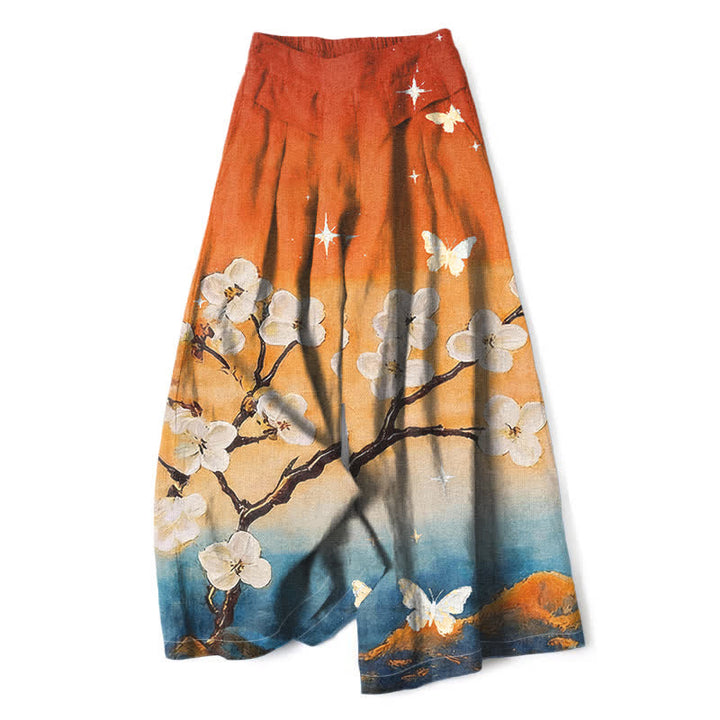 Buddha Stones Cotton Linen Gradient Floral Pattern Women's Elastic Waist Wide Leg Pants With Pockets - Orange - US16，UK/AU20，EU48 (3XL) - image 0