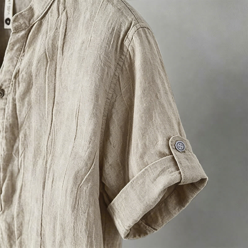 Buddha Stones Solid Color Short Sleeve Half Button Shirt Cotton Linen Men Clothing - image 49