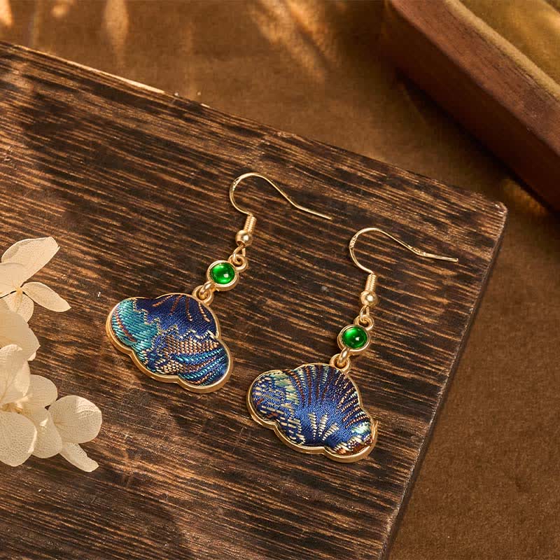 Buddha Stones Song Brocade Blue Shell-Shaped Prosperity Green Bead Teardrop Earrings - image 1
