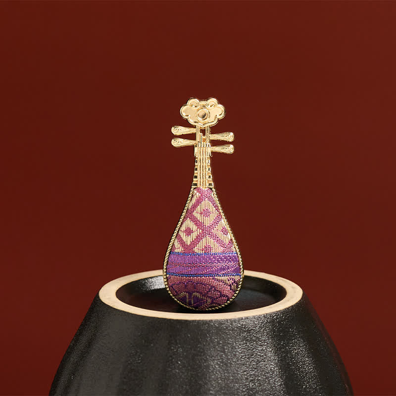 Buddha Stones Song Brocade Handcrafted Guqin-shaped Floral Harmony New Chinese Brooch - image 4