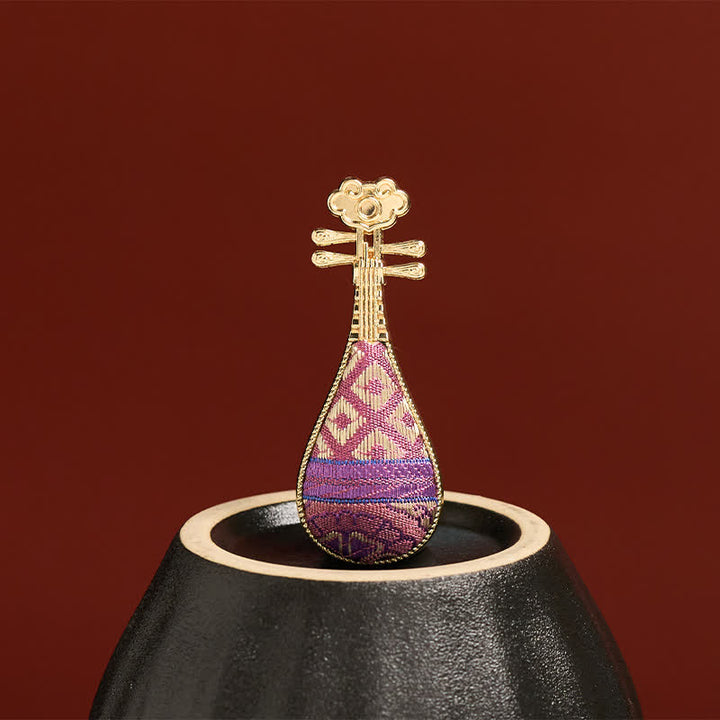 Buddha Stones Song Brocade Handcrafted Guqin-shaped Floral Harmony New Chinese Brooch - image 4
