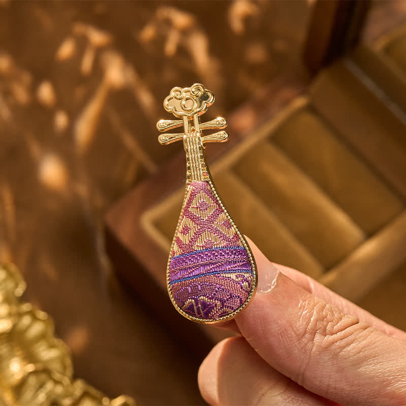 Buddha Stones Song Brocade Handcrafted Guqin-shaped Floral Harmony New Chinese Brooch - Song Brocade (Prosperity♥Harmony) - image 0