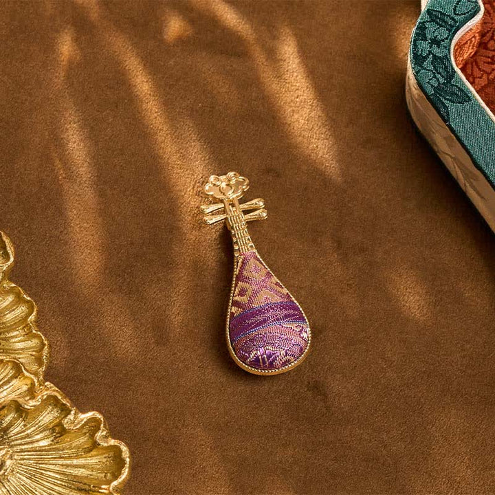 Buddha Stones Song Brocade Handcrafted Guqin-shaped Floral Harmony New Chinese Brooch - image 3