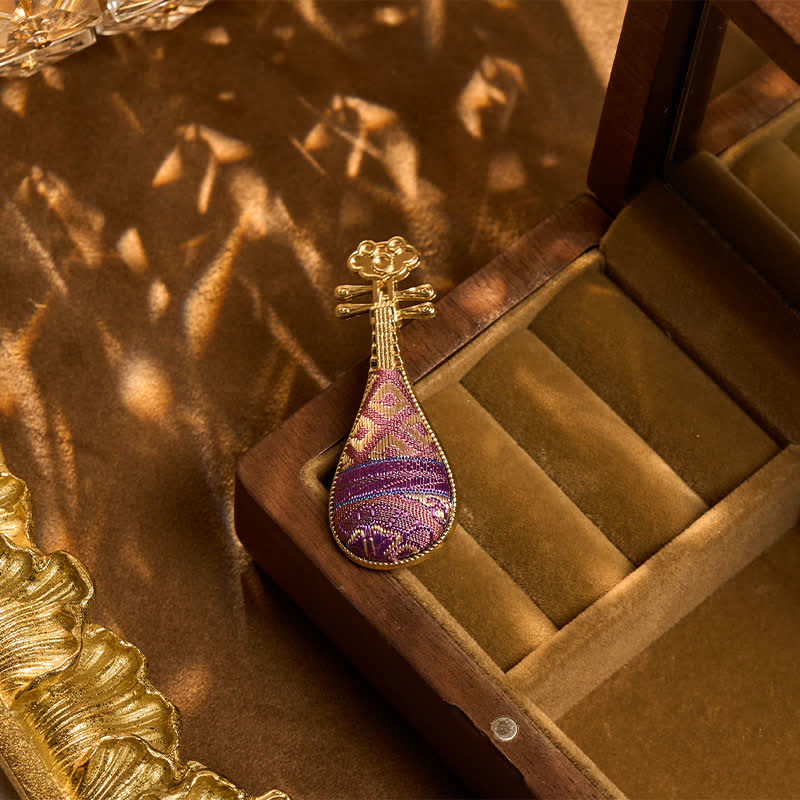 Buddha Stones Song Brocade Handcrafted Guqin-shaped Floral Harmony New Chinese Brooch - image 2