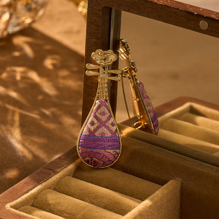 Buddha Stones Song Brocade Handcrafted Guqin-shaped Floral Harmony New Chinese Brooch - image 1