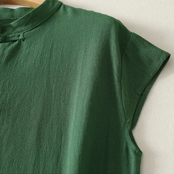 Buddha Stones Summer Solid Green Mandarin Collar Side Slit Women's Sleeveless Dress - image 3