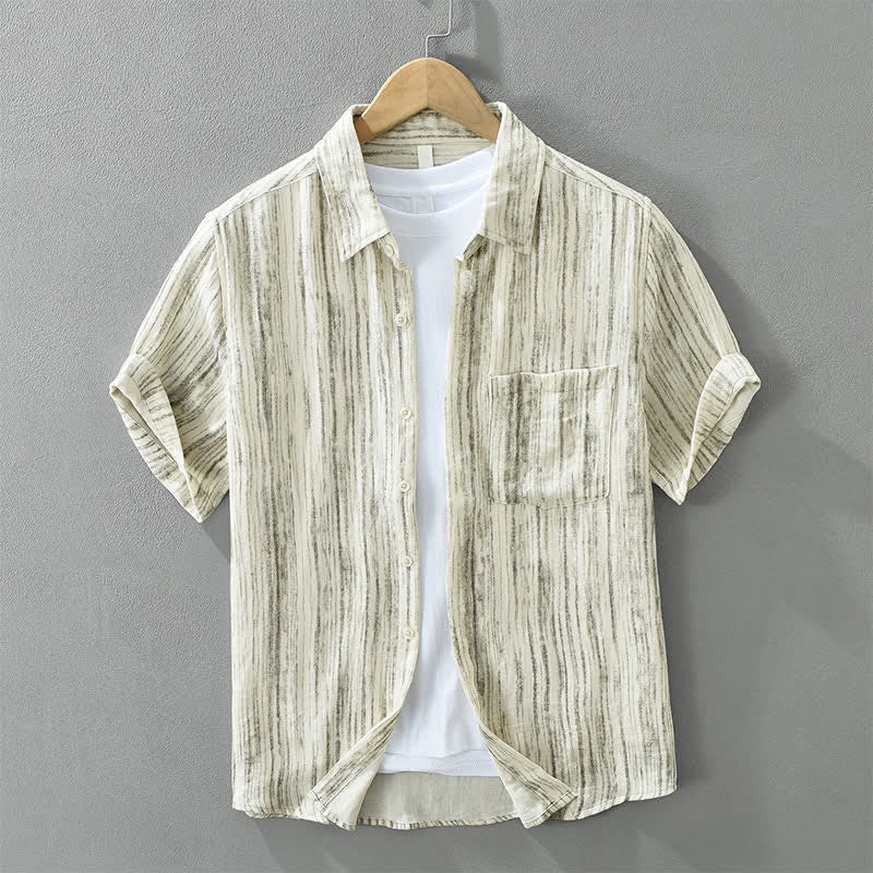 Buddha Stones Summer Casual Minimalist Button-Up Striped Men's Short Sleeve Shirts With Decorative Pocket - Wheat - US/UK/AU42，EU52 (3XL) - image 1