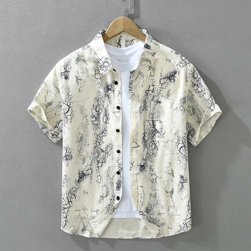 Buddha Stones Summer Casual Abstract Crack Pattern Button-Up Patch Pocket Men's Short Sleeve Shirts - Cornsilk - US/UK/AU42，EU52 (3XL) - image 0