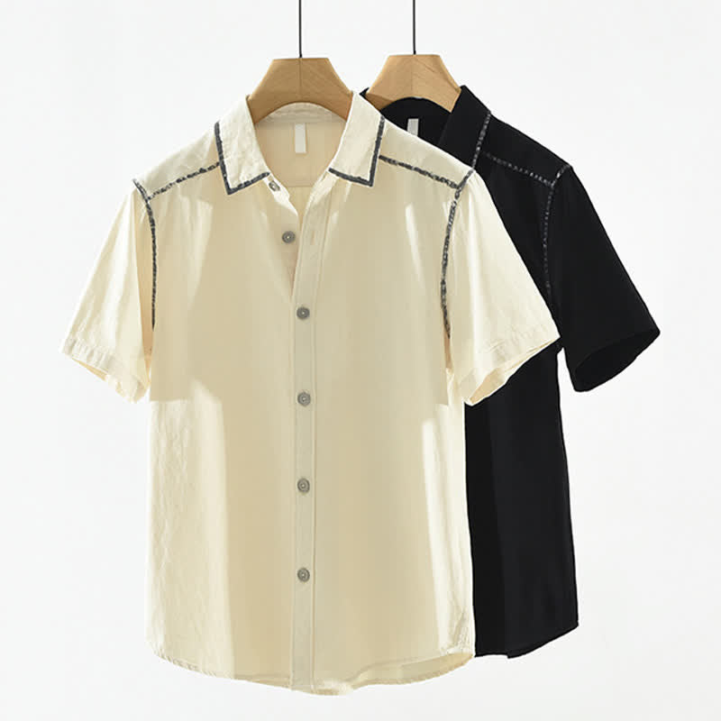 Buddha Stones Summer Casual Vintage Line Design Button-Up Solid Men's Short Sleeve Shirts - image 12