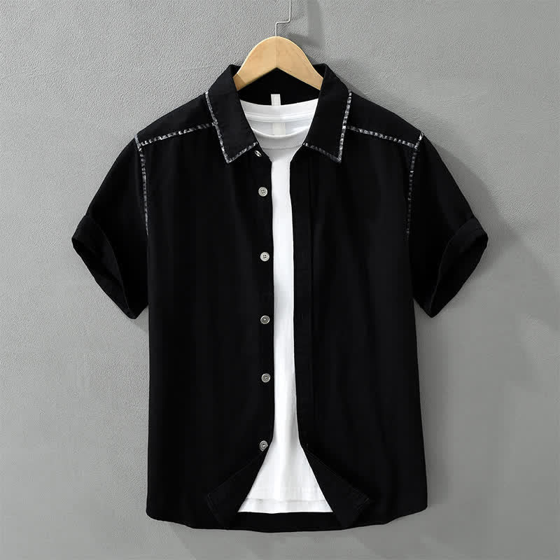 Buddha Stones Summer Casual Vintage Line Design Button-Up Solid Men's Short Sleeve Shirts - Black - US/UK/AU42，EU52 (3XL) - image 11
