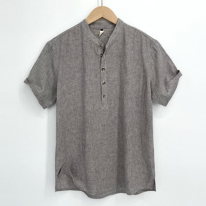 Buddha Stones Summer Half Button Fine Striped Men's Short Sleeve Shirts - Tan - US/UK/AU44，EU54 (4XL) - image 0