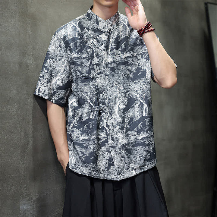 Buddha Stones Summer Tang Style Frog Button Trees Abstract Pattern Men's Short Sleeve Shirts - image 1