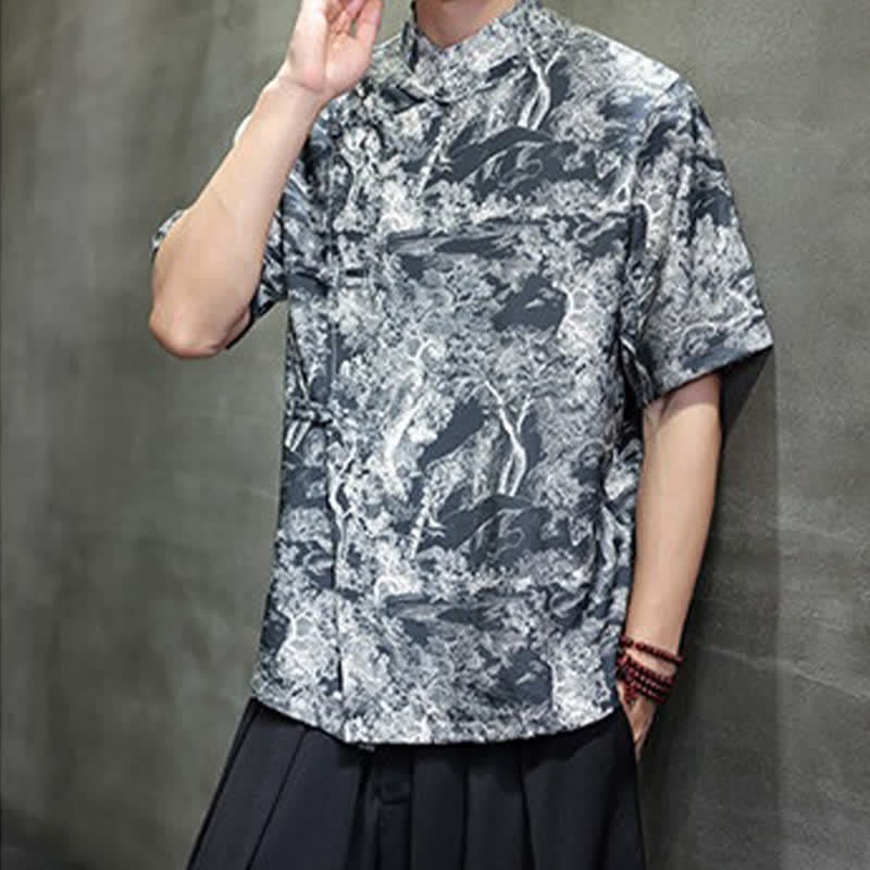 Buddha Stones Summer Tang Style Frog Button Trees Abstract Pattern Men's Short Sleeve Shirts - image 6