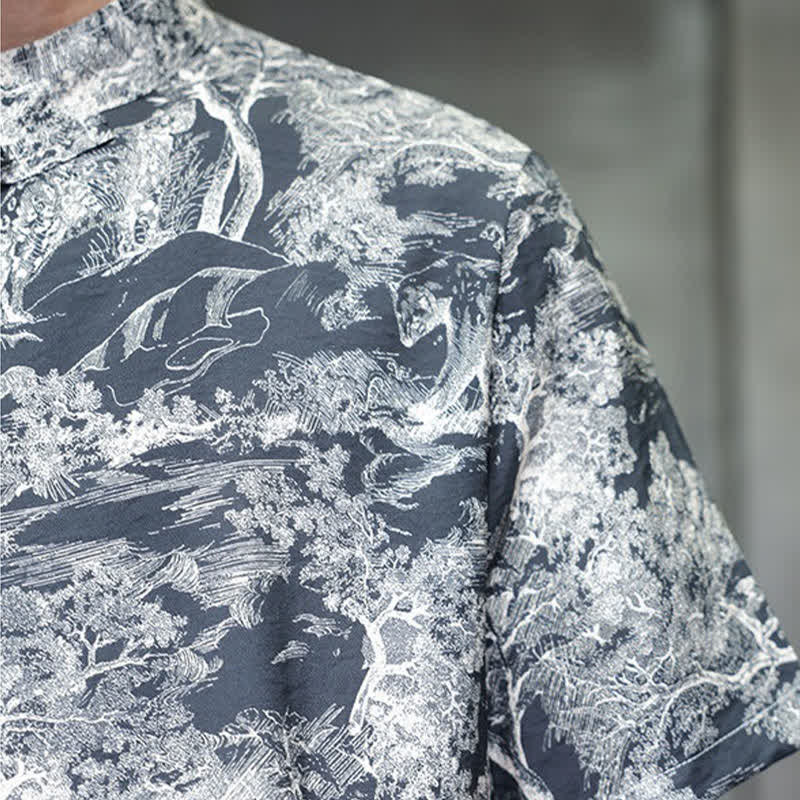 Buddha Stones Summer Tang Style Frog Button Trees Abstract Pattern Men's Short Sleeve Shirts - image 11