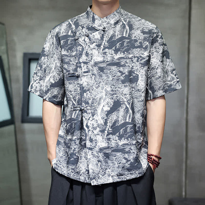Buddha Stones Summer Tang Style Frog Button Trees Abstract Pattern Men's Short Sleeve Shirts - SteelBlue - US/UK/AU44，EU54 (4XL) - image 0
