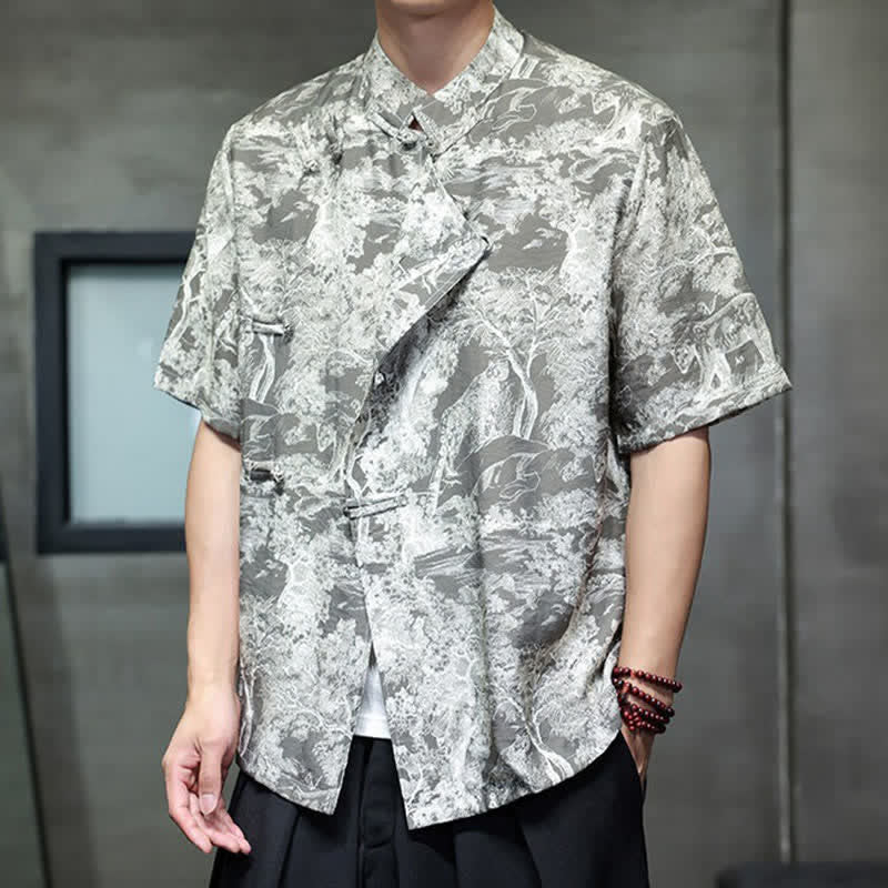 Buddha Stones Summer Tang Style Frog Button Trees Abstract Pattern Men's Short Sleeve Shirts - image 15