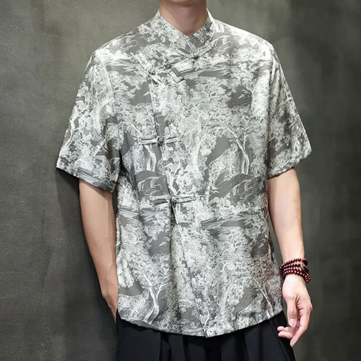 Buddha Stones Summer Tang Style Frog Button Trees Abstract Pattern Men's Short Sleeve Shirts - image 22