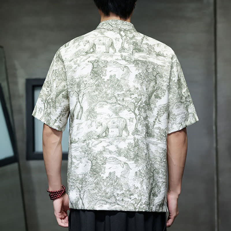 Buddha Stones Summer Tang Style Frog Button Trees Abstract Pattern Men's Short Sleeve Shirts - image 27