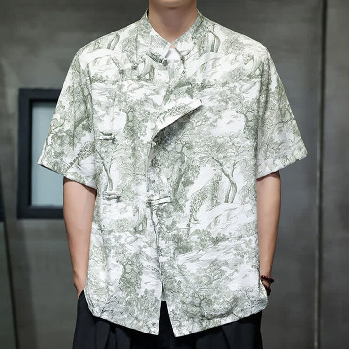 Buddha Stones Summer Tang Style Frog Button Trees Abstract Pattern Men's Short Sleeve Shirts - image 30