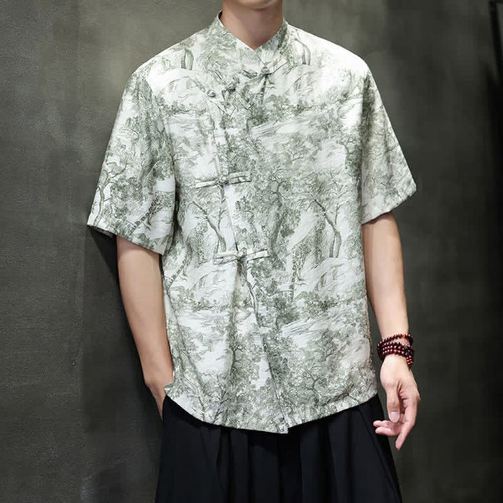 Buddha Stones Summer Tang Style Frog Button Trees Abstract Pattern Men's Short Sleeve Shirts - image 29
